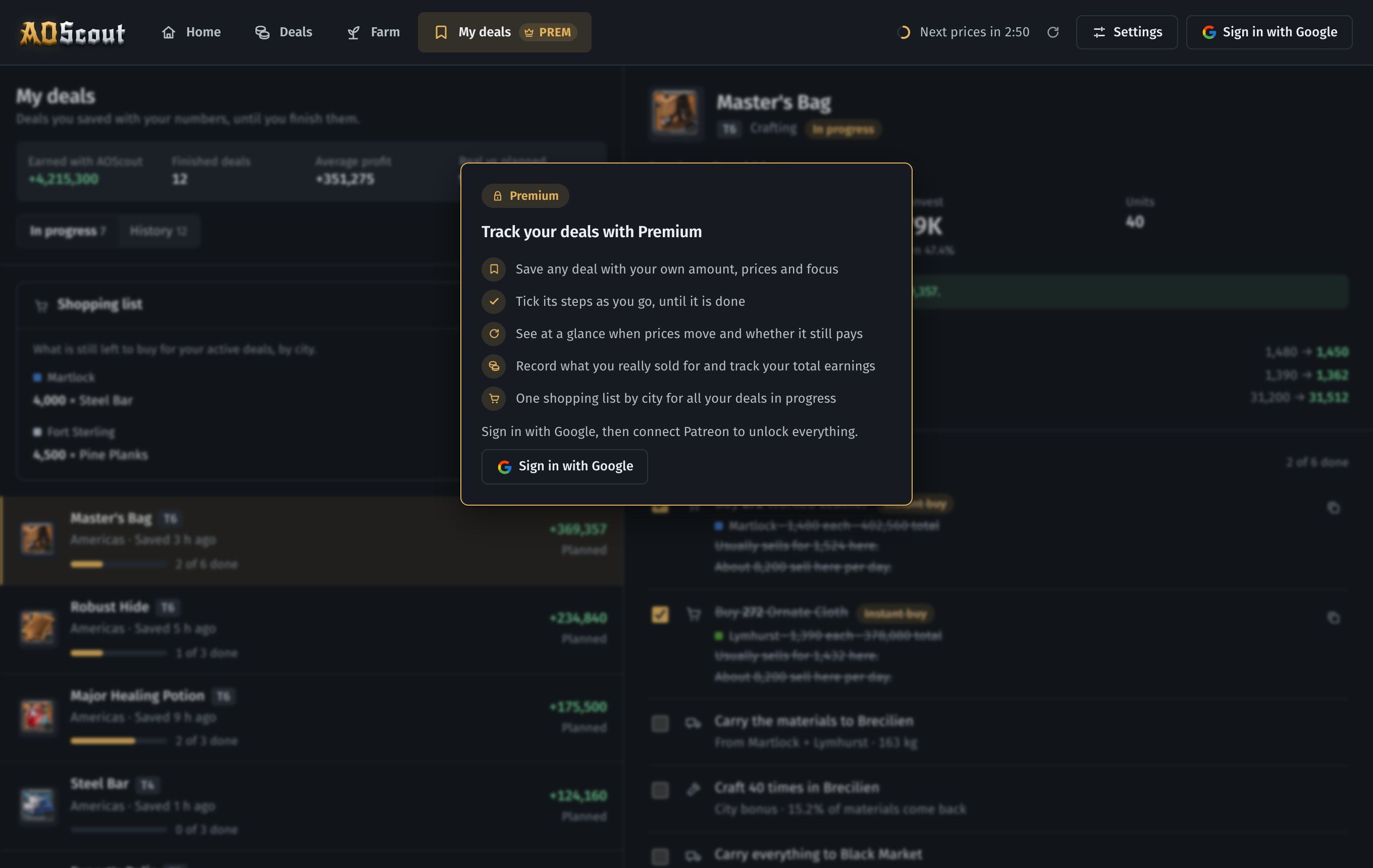 My deals: your saved trades, steps, results and shopping list