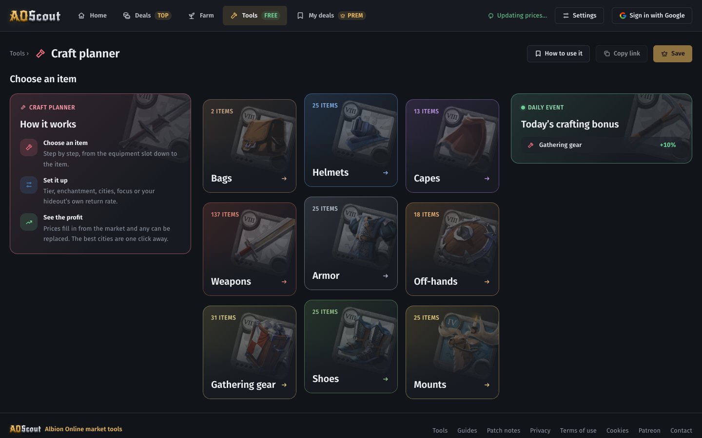 Choosing an item in the craft planner, laid out like your character
