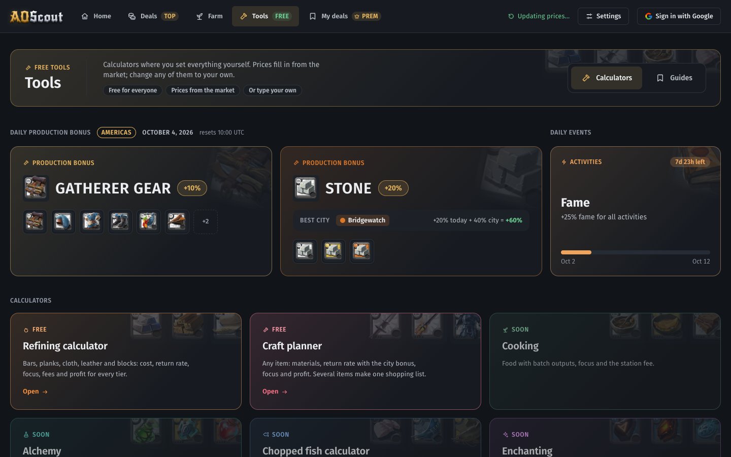 The Tools tab with today’s production bonus