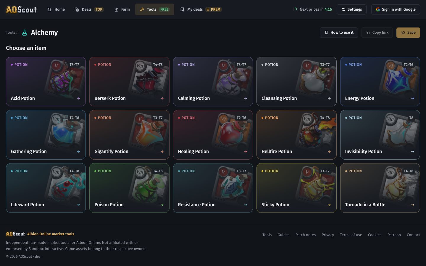 Choosing a potion in the alchemy calculator